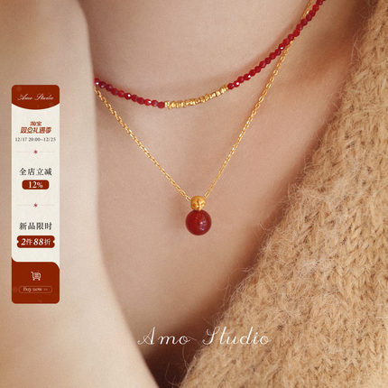 AMO喜柿年年天然红玛瑙红色吊坠项链中式国风质感本命年锁骨链女