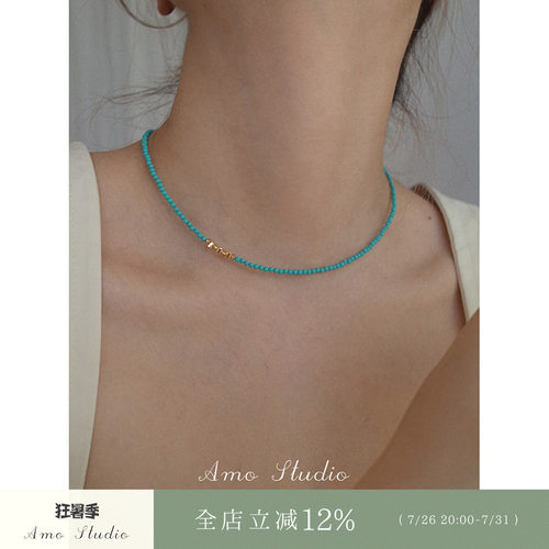 AMO天然绿松石碎银项链女小众