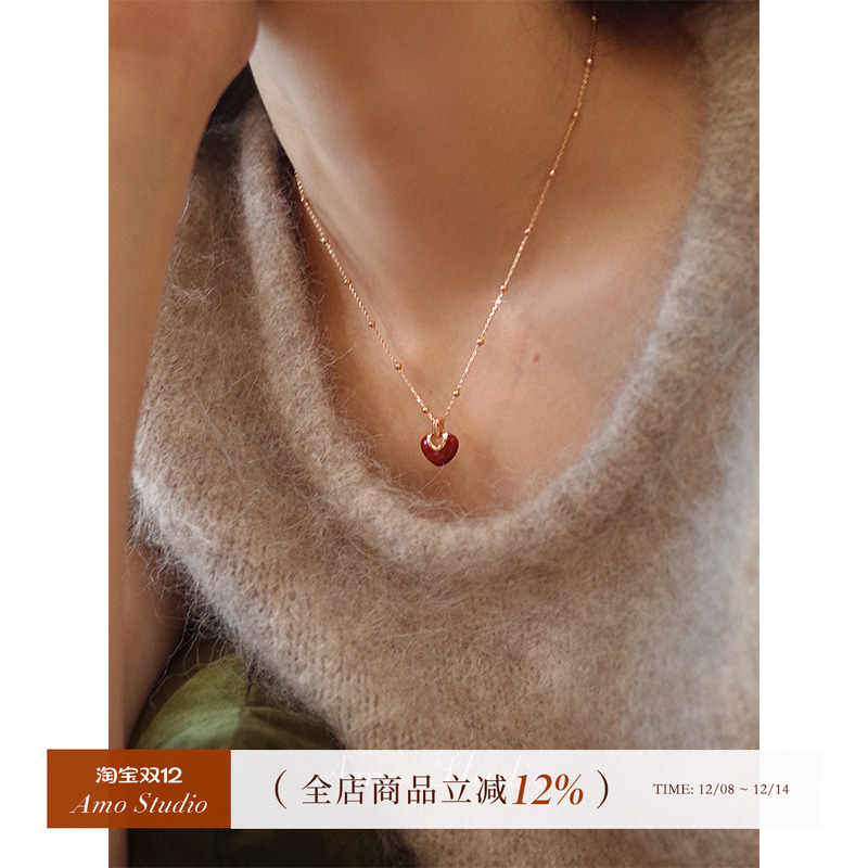 AMO红色爱心项链女复古甜美小众