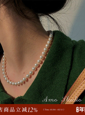 AMO经典施家人造珍珠项链女fever倪妮同款法式复古高级锁骨毛衣链