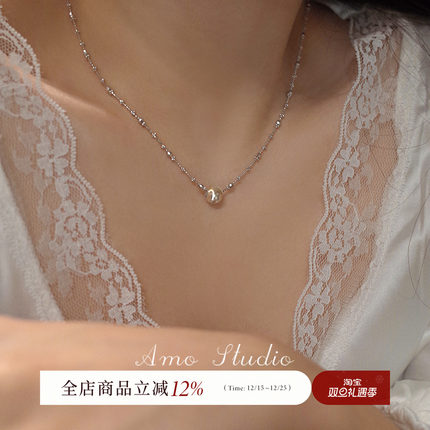 AMO觅光拉丝猫眼珠纯银项链女轻奢小众高级锁骨链气质超闪毛衣链