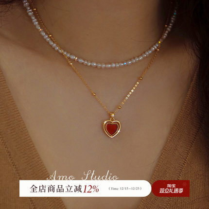 AMO双面翻转玛瑙贝壳爱心项链女冬轻奢小众设计高级感2025年新款
