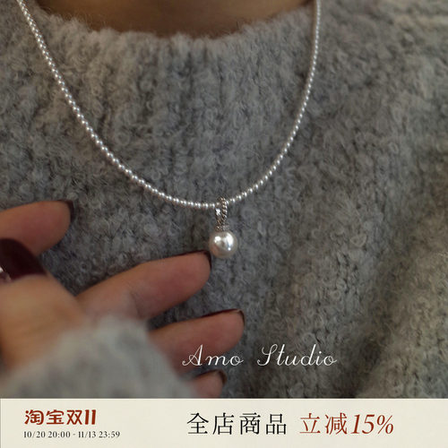 AMO人造灰珍珠项链纯银正圆强光