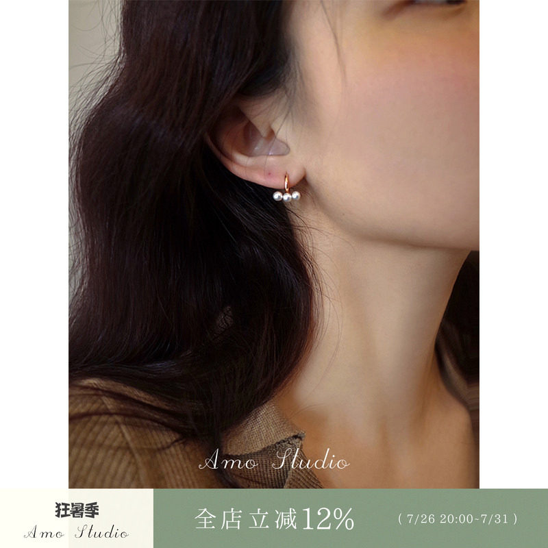 AMO复古一字珍珠耳环女小众气质高级感圆圈耳扣复古简约百搭耳饰