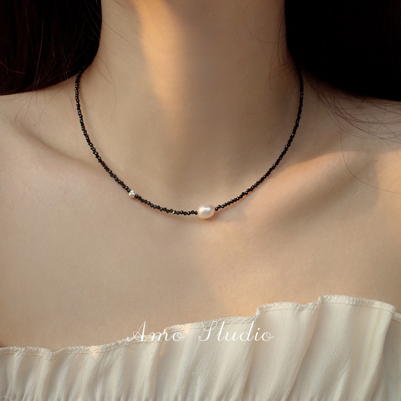 AMO冒险小姐黑尖晶珍珠项链个性