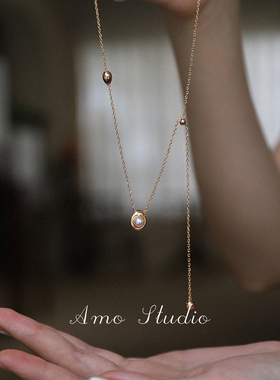 AMO小金豆人造珍珠项链银长款Y字