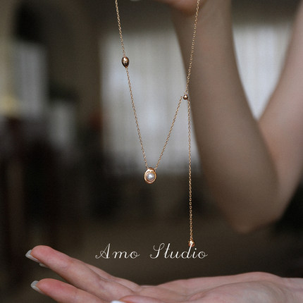 AMO牧云小金豆人造珍珠项链女纯银小众Y字锁骨链高级感长款毛衣链