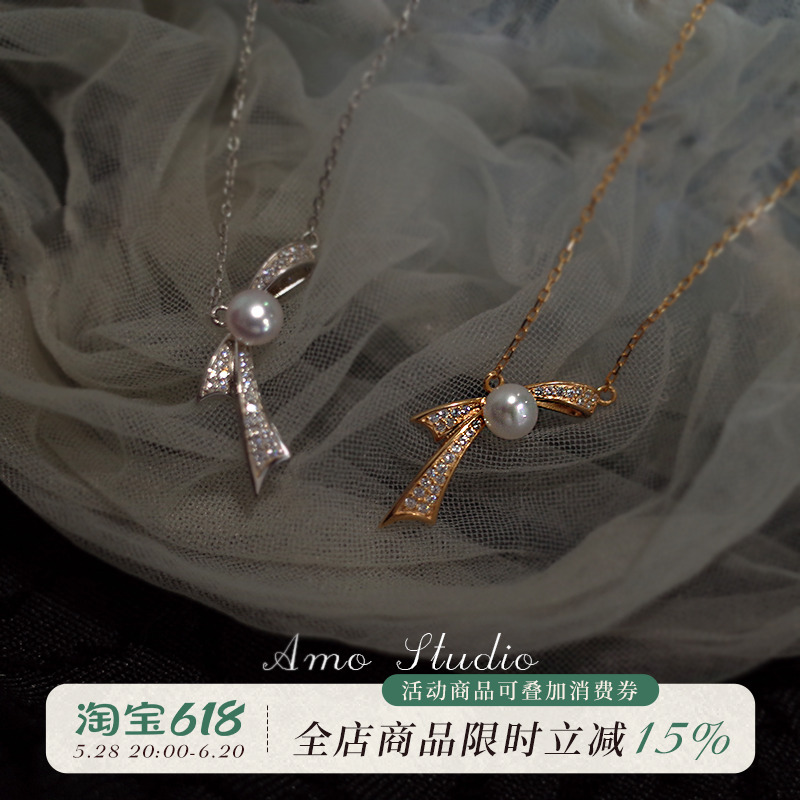 AMO蝴蝶结珍珠项链女纯银轻奢小众设计简约气质锁骨链2025年新款
