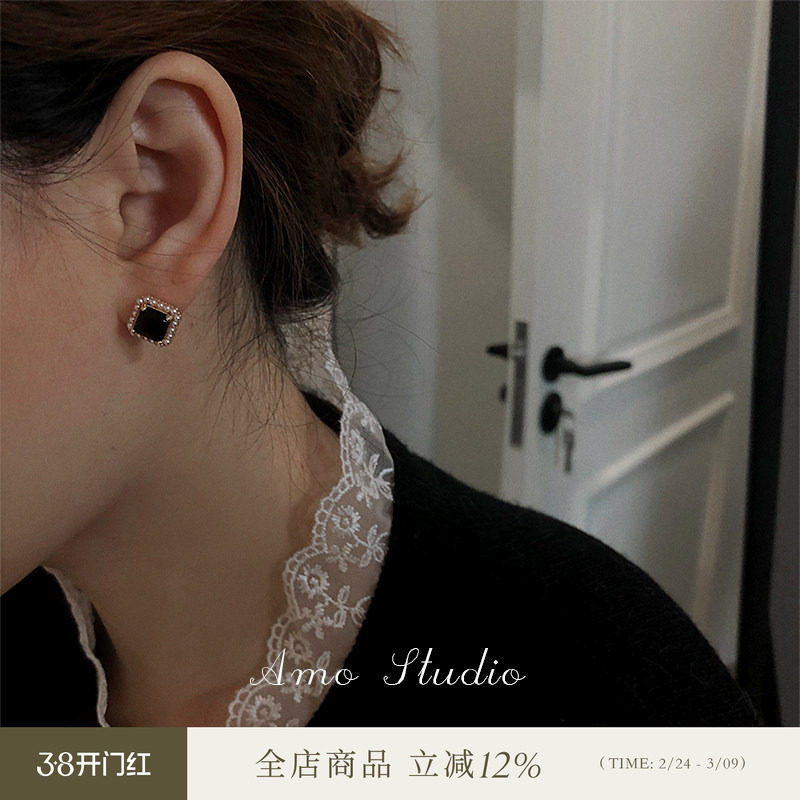 925银针耳饰高级感黑玛瑙迷你人造小珍珠复古港风耳钉耳环女耳夹