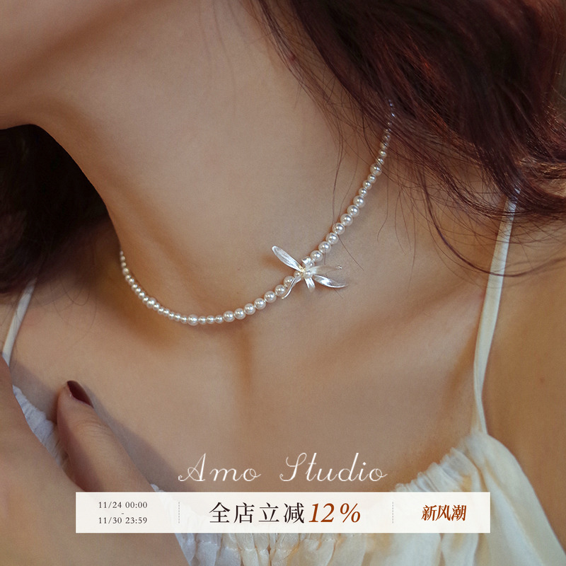 AMO兰花人造珍珠项链chocker复古
