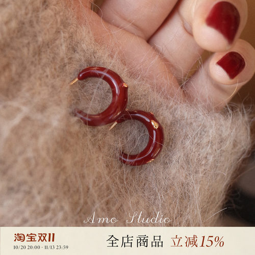 AMO红色滴釉C型耳环女复古本命年