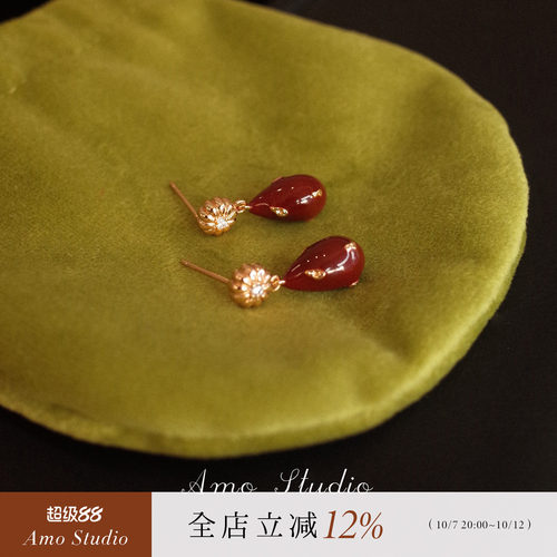 AMO红色滴釉花朵耳环显白高级感
