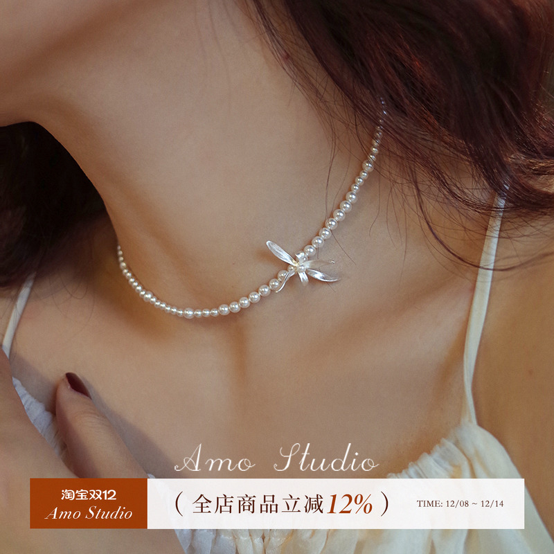 AMO兰花人造珍珠项链chocker复古