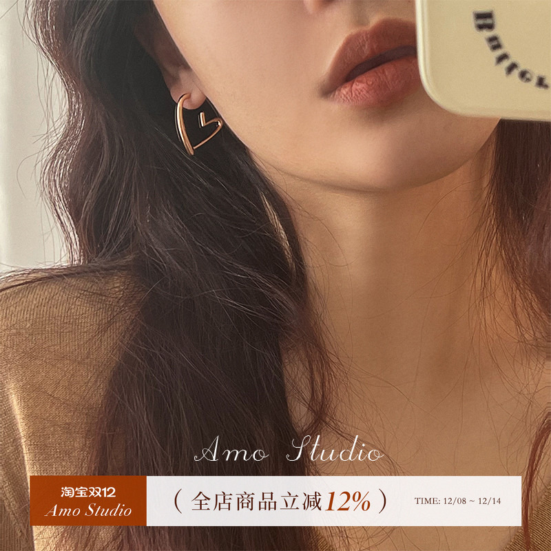 AMO爱心耳环女925银针甜美小众