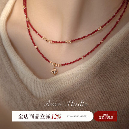 AMO巴黎美人红玛瑙芒星爱心项链女小众高级感显白串珠叠戴毛衣链