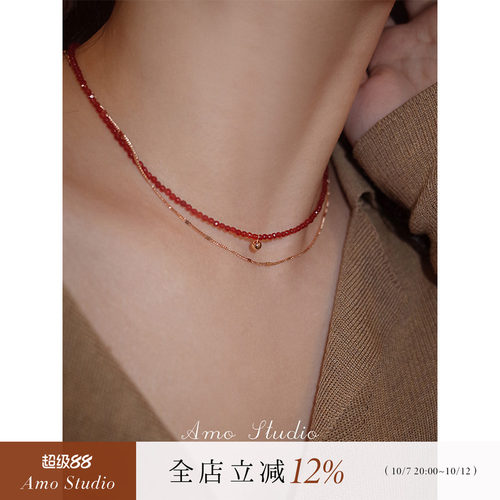 AMO天然红玛瑙金珠项链女纯银