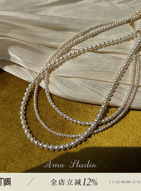 AMO天然珍珠项链女正圆强光可调
