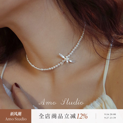 AMO兰花人造珍珠项链chocker复古