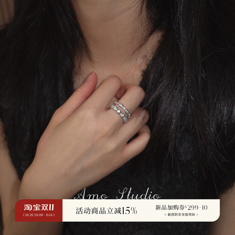 AMO拉丝满钻戒指纯银简约冷淡风