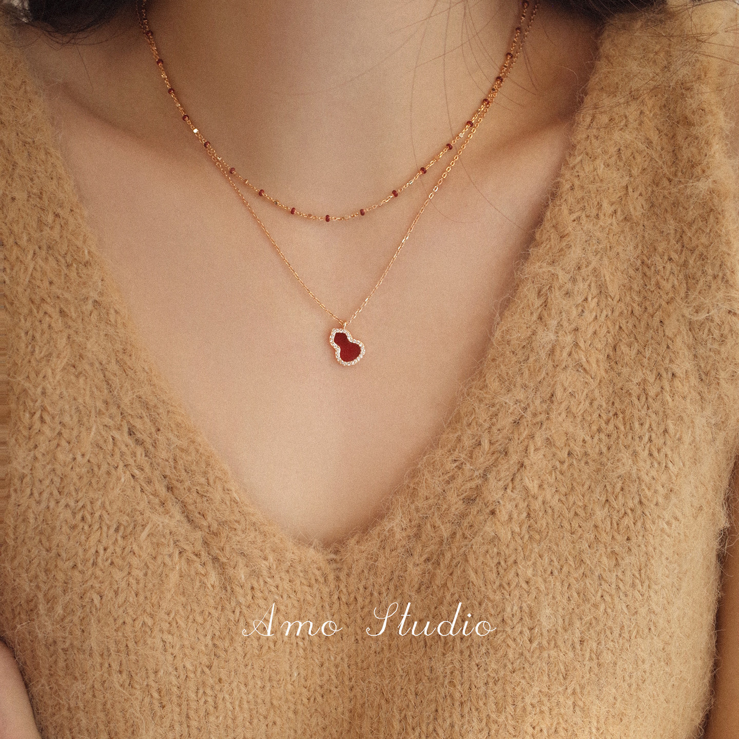 AMO小福禄复古新中式天然红玛瑙葫芦项链女显白红色本命年配饰