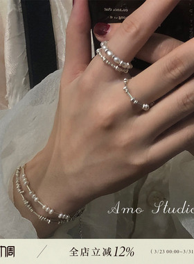 AMO天然珍珠小碎银戒指纯银小众