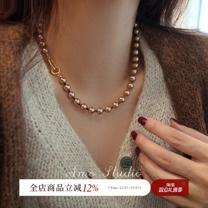 AMO太妃榛果金棕咖色人造珍珠项链女美拉德小众高级虎眼石毛衣链