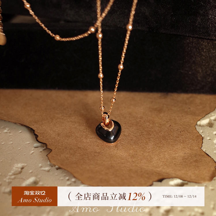 AMO闪钻黑色爱心项链女小众设计