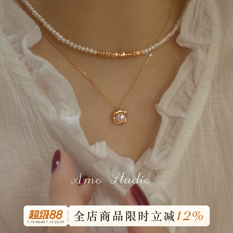 AMO天然珍珠方形项链女纯银ins风
