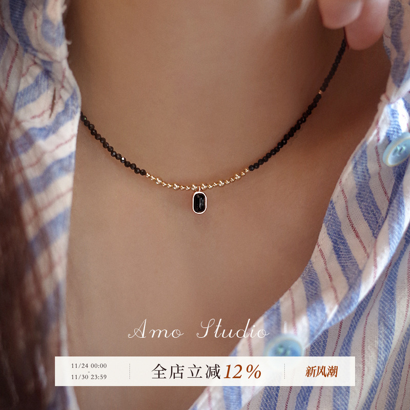 AMO黑尖晶金珠项链小众高级复古