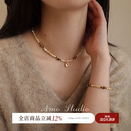AMO一叶知秋原创虎眼石贝壳项链女小众高级设计毛衣链串珠锁骨链