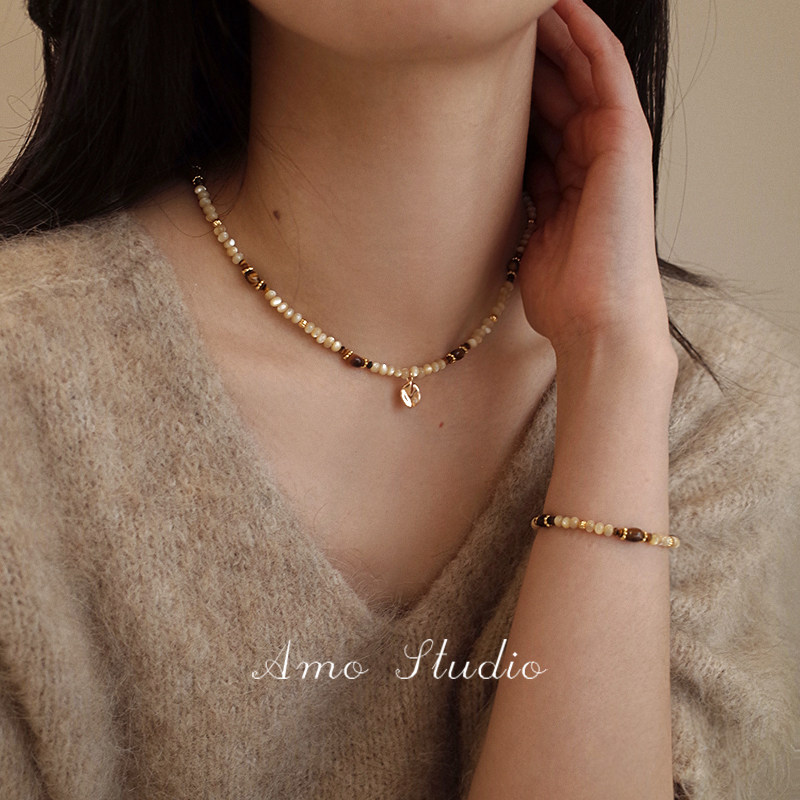 AMO一叶知秋原创虎眼石贝壳项链女小众高级设计毛衣链串珠锁骨链