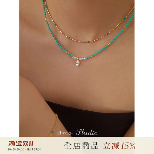 AMO天然绿松石珍珠项链女中式