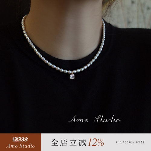AMO水滴方块天然珍珠项链小众
