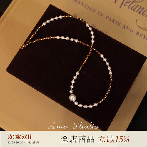 AMO天然虎眼石施家珍珠长项链
