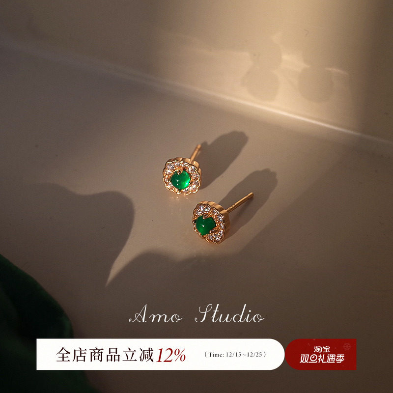 AMO祖母绿玉髓银针耳钉女气质轻奢小巧精致方形耳环2025年新款潮
