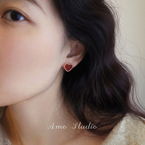 AMO天然红玛瑙爱心耳钉甜美显白