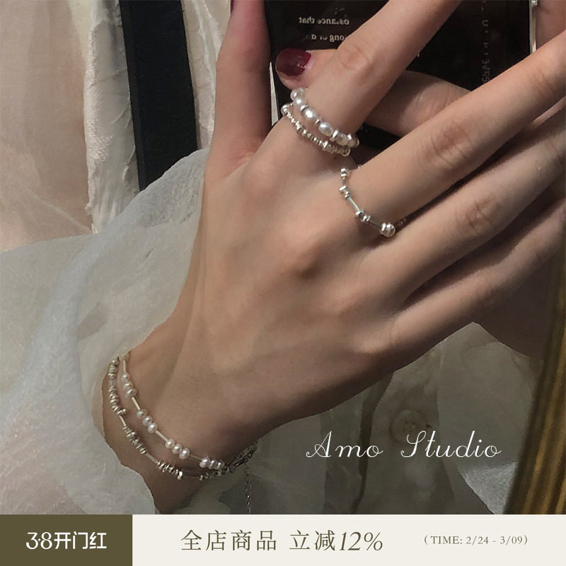 AMO小碎银天然珍珠纯银戒指女轻奢小众设计高级感时尚个性食指戒