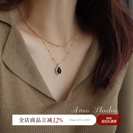 AMO黑茶不规则黑玛瑙项链女轻奢小众设计高级感毛衣链2025年新款