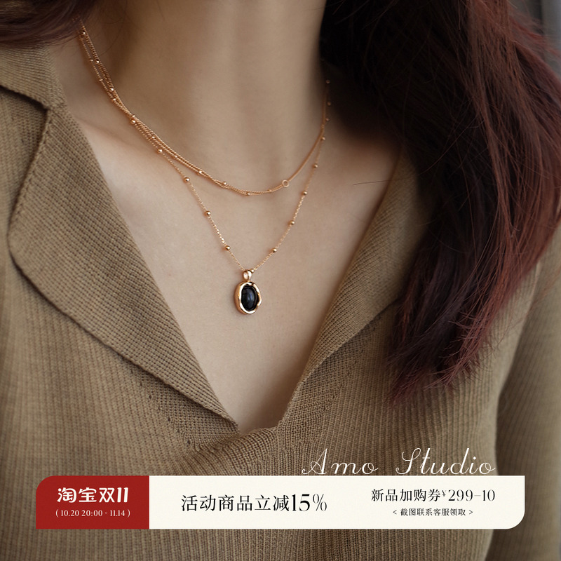 AMO金珠黑玛瑙项链女纯银两色入