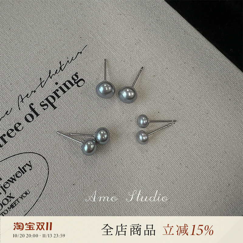 AMO莫兰迪灰淡水珍珠耳钉女纯银气质小巧养耳洞耳饰耳夹睡觉不摘