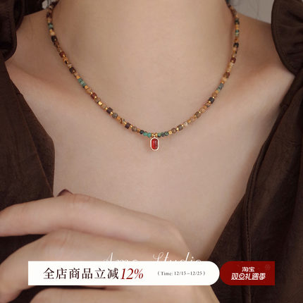 AMO凝时原创天然红玛瑙串珠项链复古小众设计颈链秋冬叠戴毛衣链