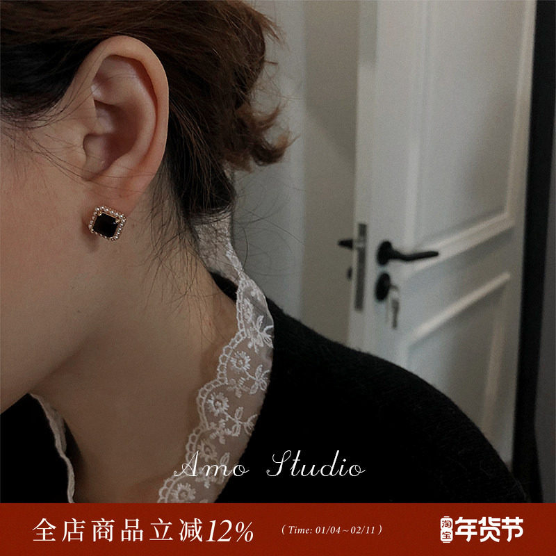925银针耳饰高级感黑玛瑙迷你人造小珍珠复古港风耳钉耳环女耳夹