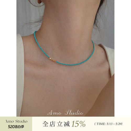 AMO天然绿松石碎银项链女小众