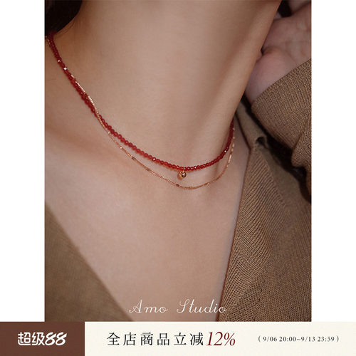 AMO天然红玛瑙金珠项链女纯银