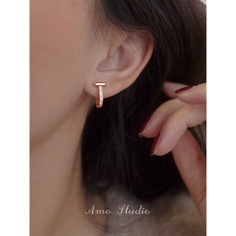 AMO闪钻T字耳环女小众设计高级