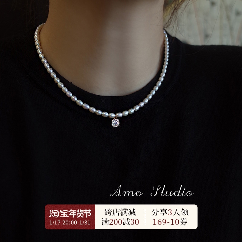 AMO水滴钻方块天然珍珠项链女轻奢小众设计感锁骨链气质高级颈链