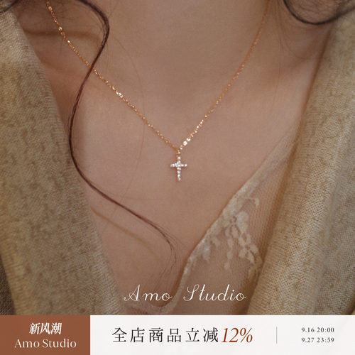 闪钻十字架纯银项链女小众个性