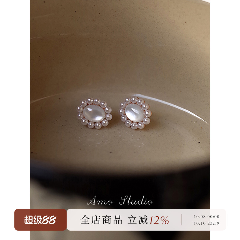 AMO天然贝母人造珍珠耳环女复古