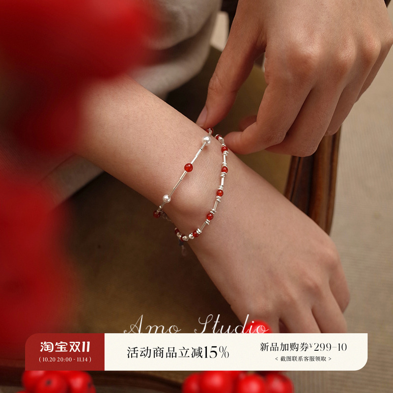 红玛瑙碎银手链女纯银复古新中式