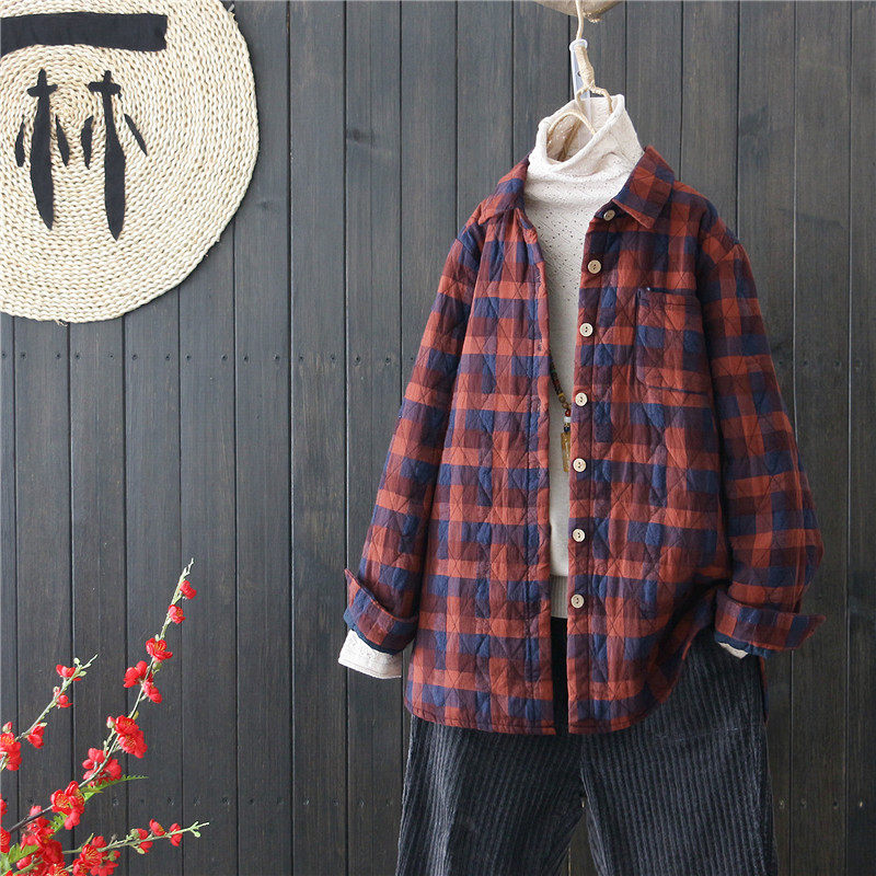 文艺复古夹棉加厚格子衬衫秋冬打底夹棉衬衣宽松单排扣开衫上衣女|msdalam kategori Butik wanita / wanita, shirt - dari Buy2taobao.com untuk memberikan perkhidmatan ejen Taobao profesional membeli